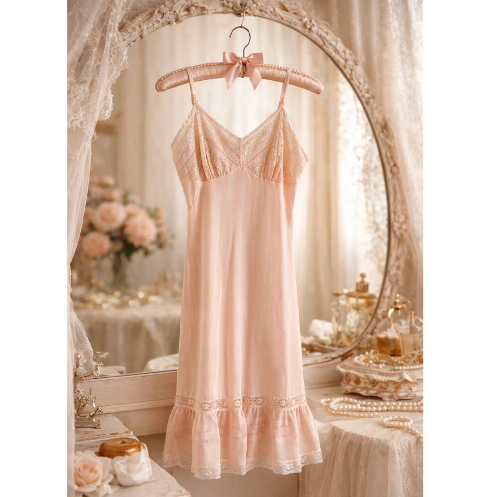 Vintage Luxite by Kayser Peach Nylon Lace Trim Nightgown Slip Dress Pink XS